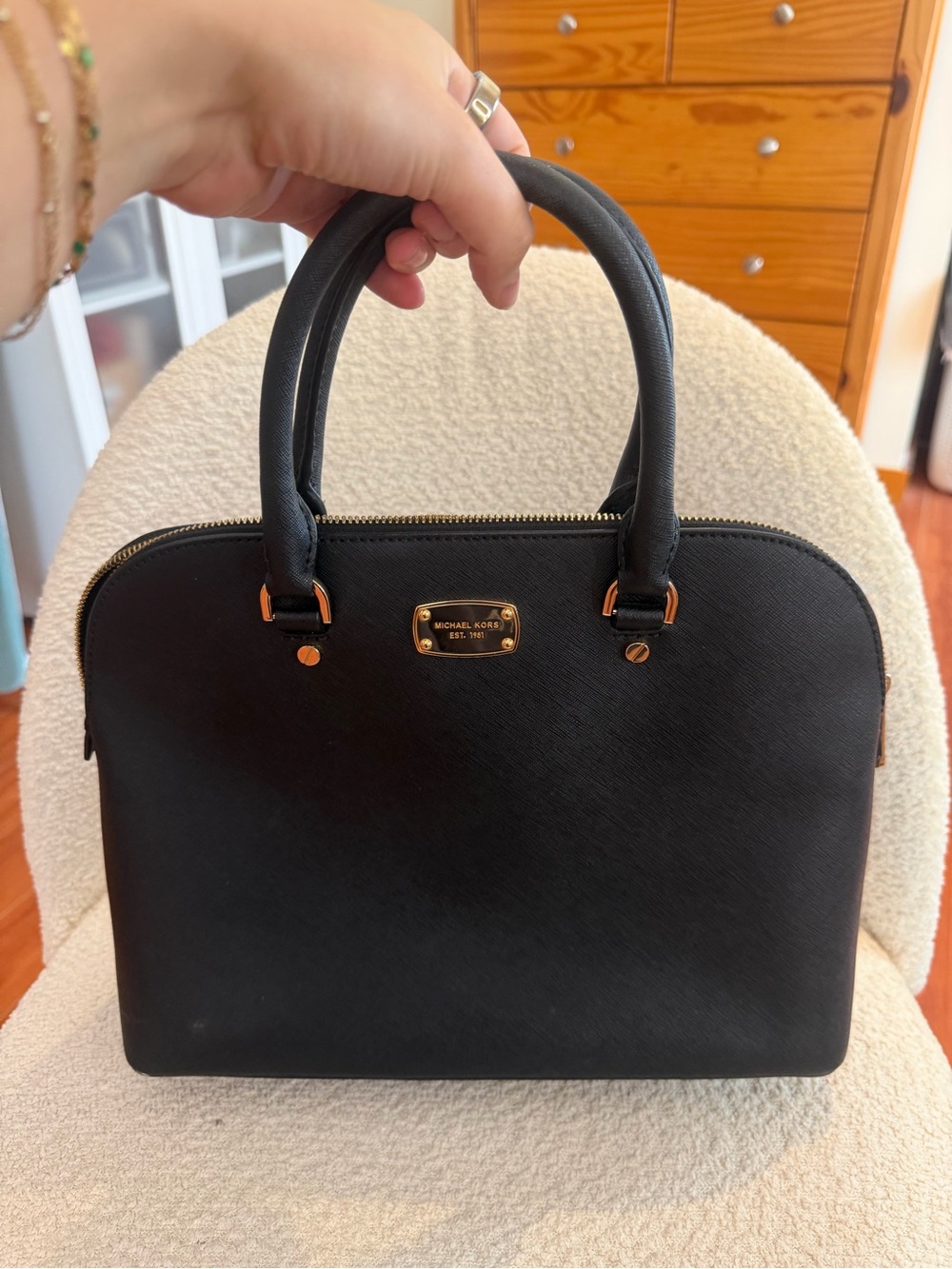 Michael Kors Black Leather Dome Satchel with Gold Hardware